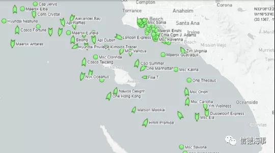 本週一洛杉磯港和長灘港近海的集裝箱船(地圖:marinetraffic)